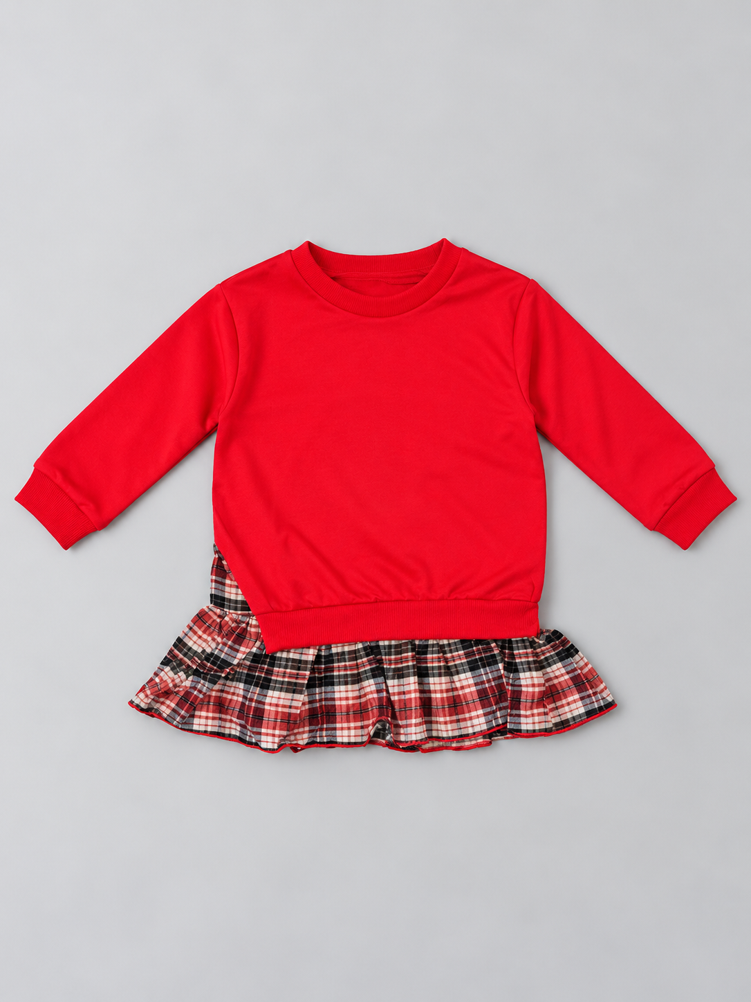 Girls red long-sleeve sweatshirt dress with red black and white plaid ruffle hem, front view