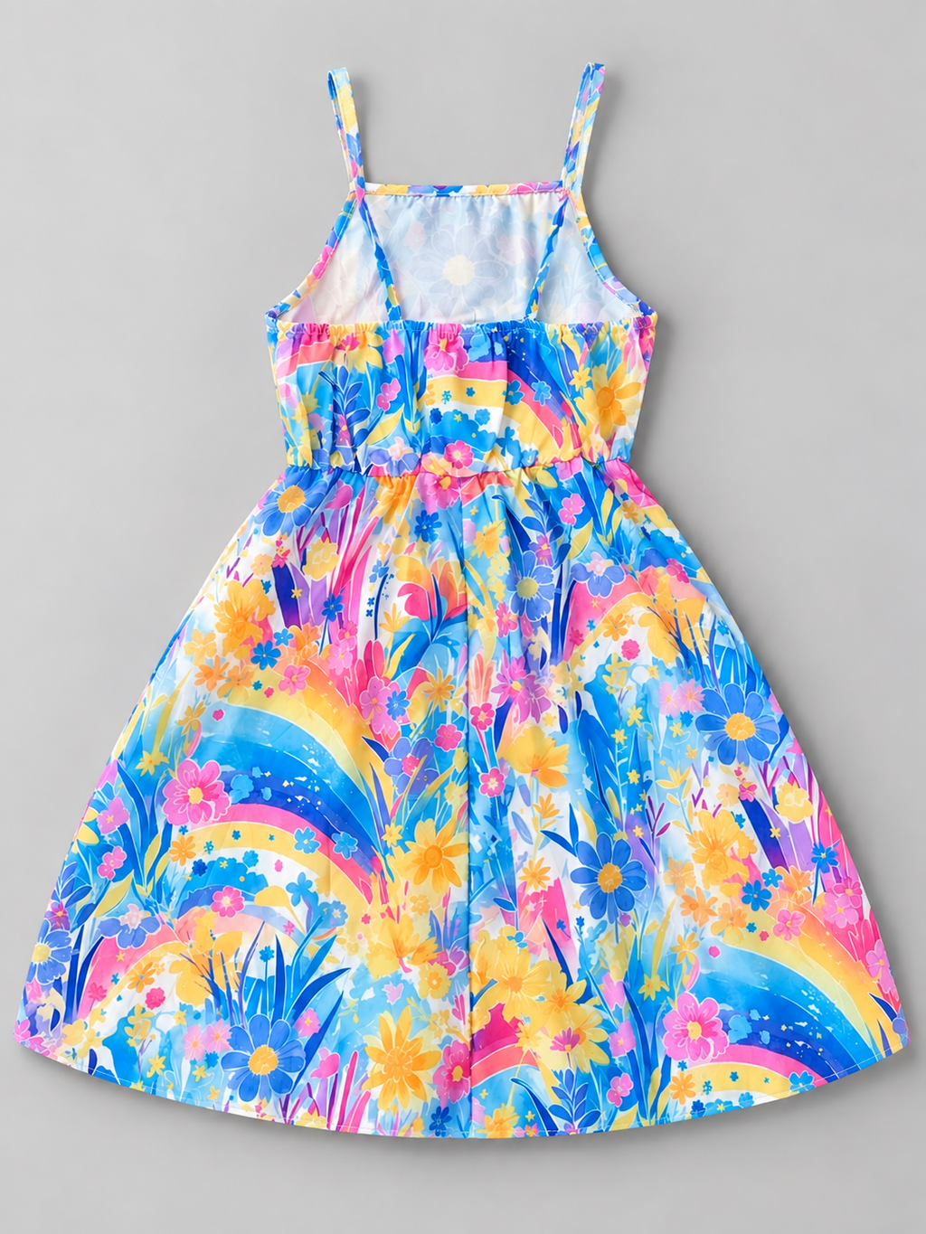 Back view of girls multicolor floral spaghetti strap dress with gathered waist and rainbow-inspired print