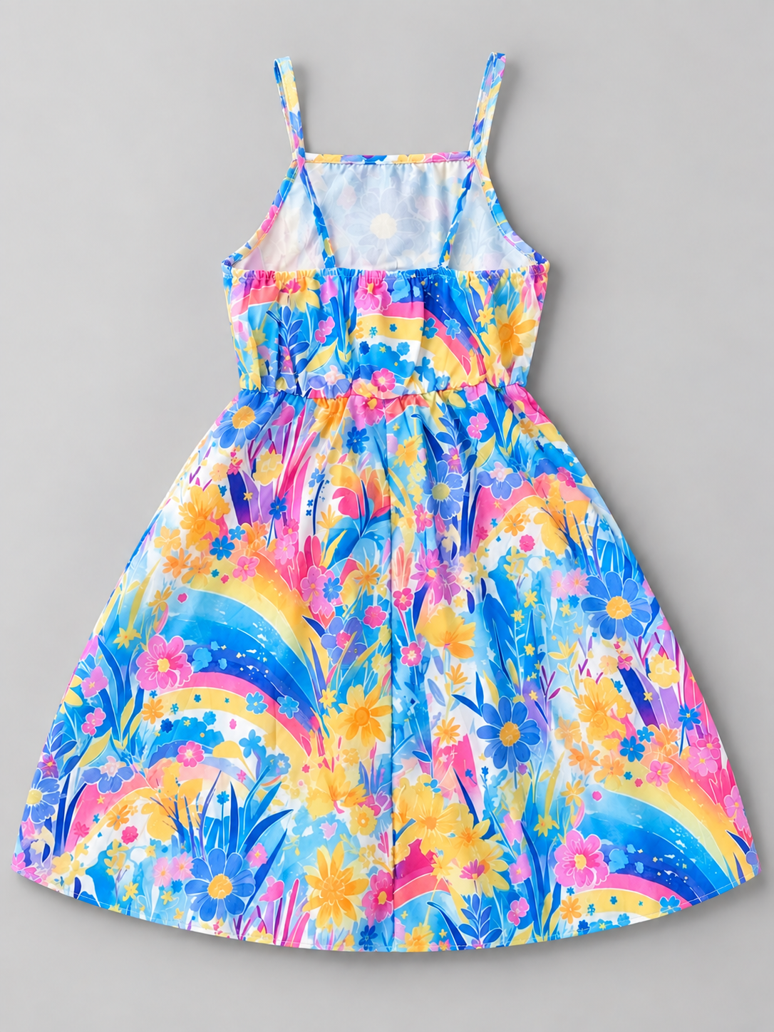 Back view of girls multicolor floral spaghetti strap dress with gathered waist and rainbow-inspired print