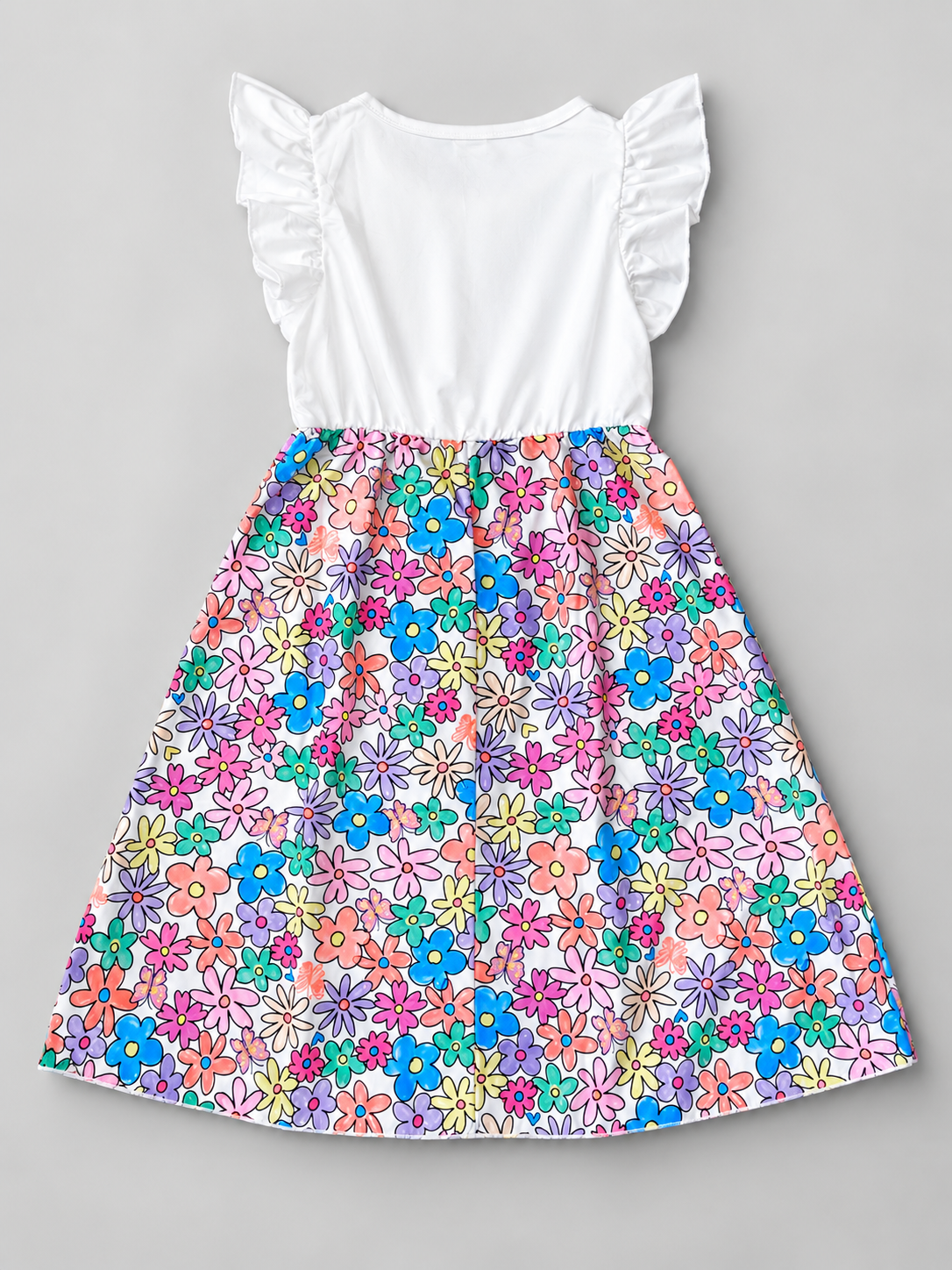 Back view of girls white ruffle sleeve dress with colorful floral and butterfly print skirt