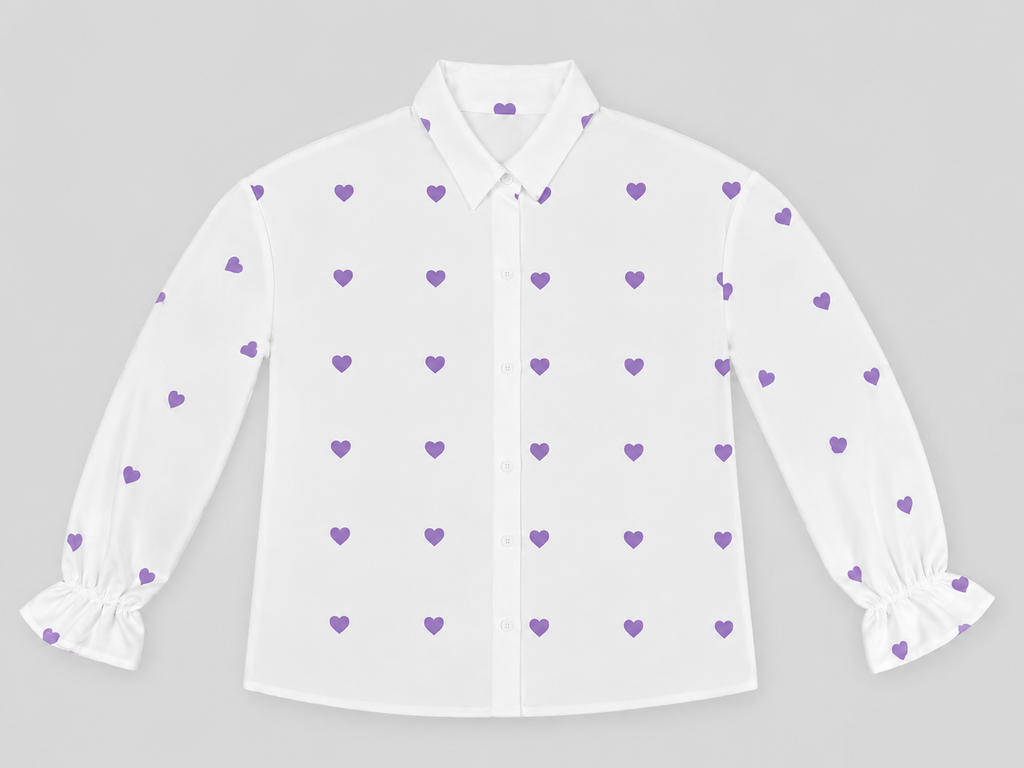 Lavender Heart Print Button-Up Blouse