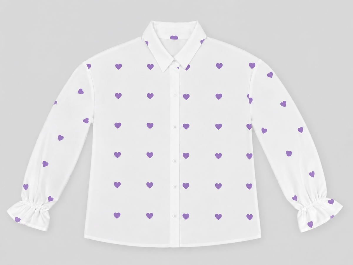 Lavender Heart Print Button-Up Blouse