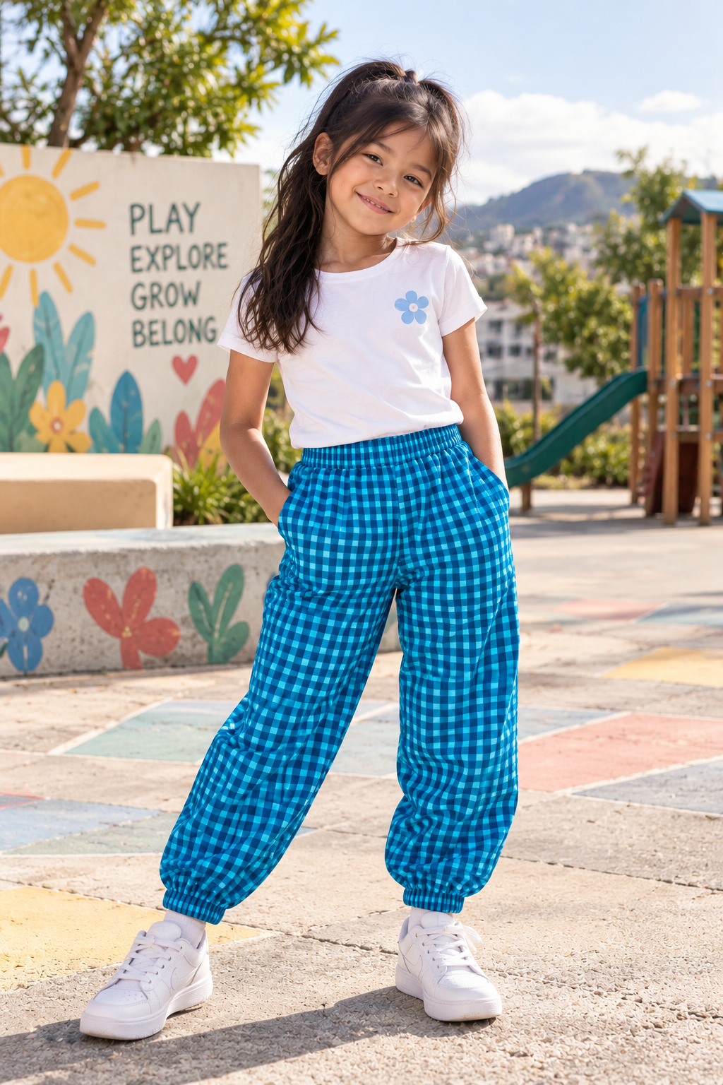 A young girl stands in a sunny outdoor playground wearing bright blue and white gingham wide-leg pants, a white t-shirt, and white sneakers.