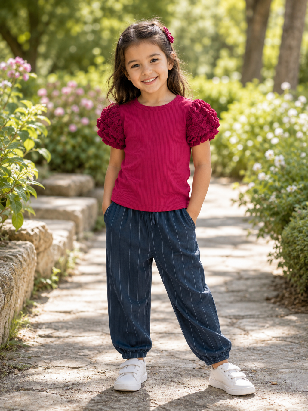 Berry Pink Ruffle Sleeve Top & Pinstripe Jogger Set