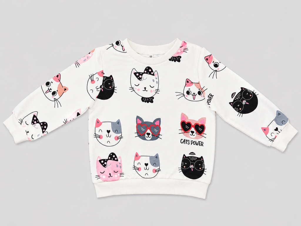 Shop this adorable Cats Power Girls’ Sweatshirt featuring playful cat characters, bows, heart-shaped sunglasses, and colorful pink, gray and black details on a white background.