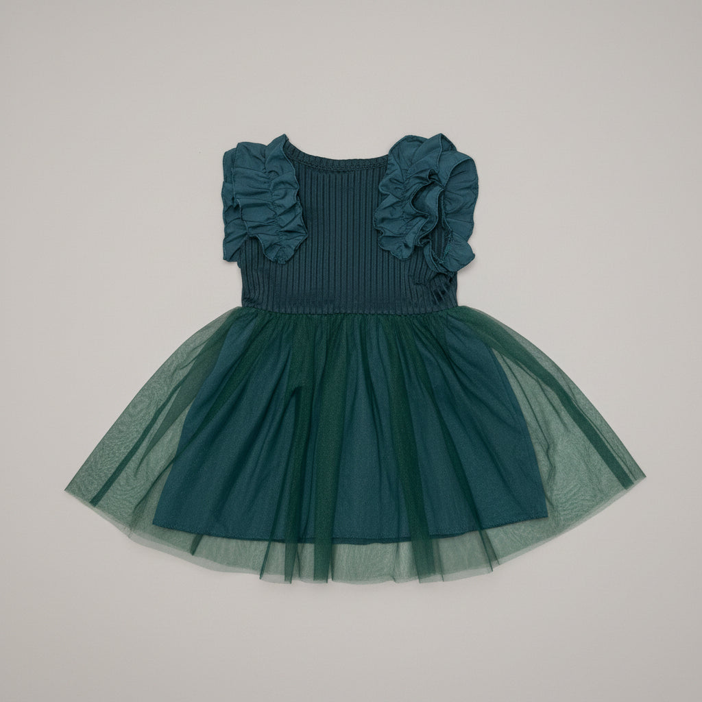 Back side of a baby girl forest green ruffle tulle dress with a soft ribbed bodice, layered tulle skirt, and elegant boutique design. Perfect for birthdays, weddings, holidays, family photos, and special occasions.