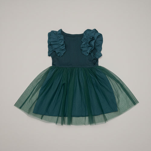 Back side of a baby girl forest green ruffle tulle dress with a soft ribbed bodice, layered tulle skirt, and elegant boutique design. Perfect for birthdays, weddings, holidays, family photos, and special occasions.