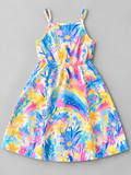 Girls multicolor spaghetti strap dress with rainbow-inspired watercolor accents and bright garden floral print