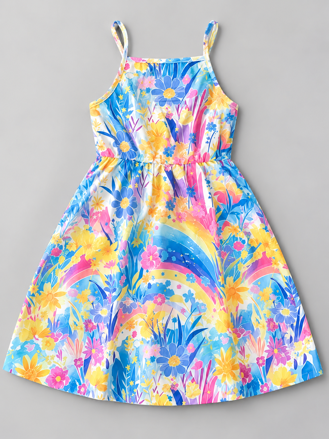 Girls multicolor spaghetti strap dress with rainbow-inspired watercolor accents and bright garden floral print