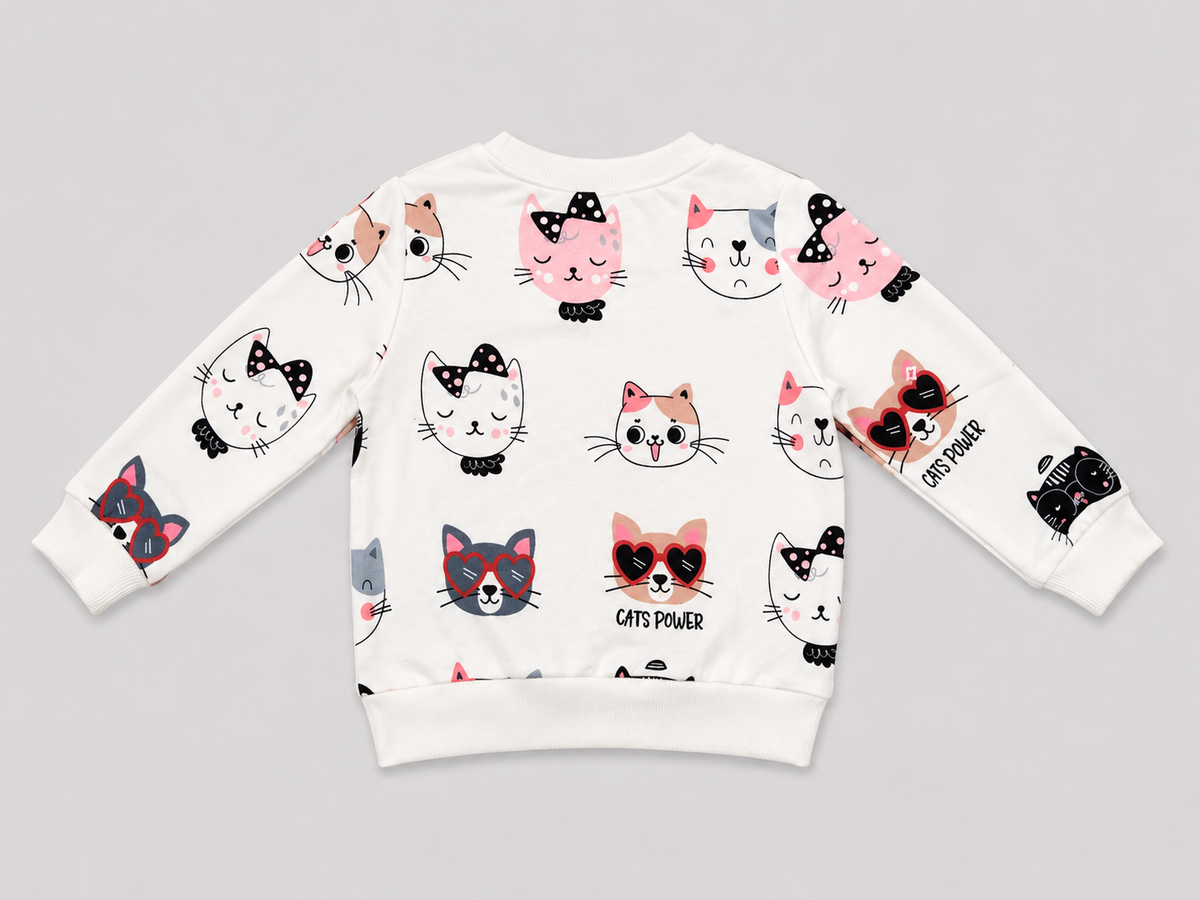 Shop this adorable Cats Power Girls’ Sweatshirt featuring playful cat characters, bows, heart-shaped sunglasses, and colorful pink, gray and black details on a white background.