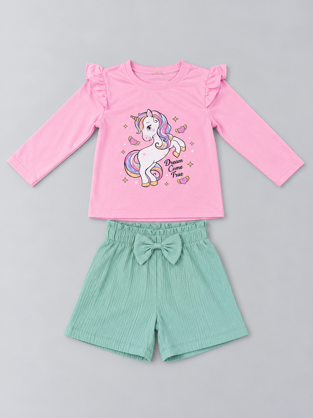 Girls pink unicorn long-sleeve ruffle top with mint green bow shorts two-piece outfit, front view