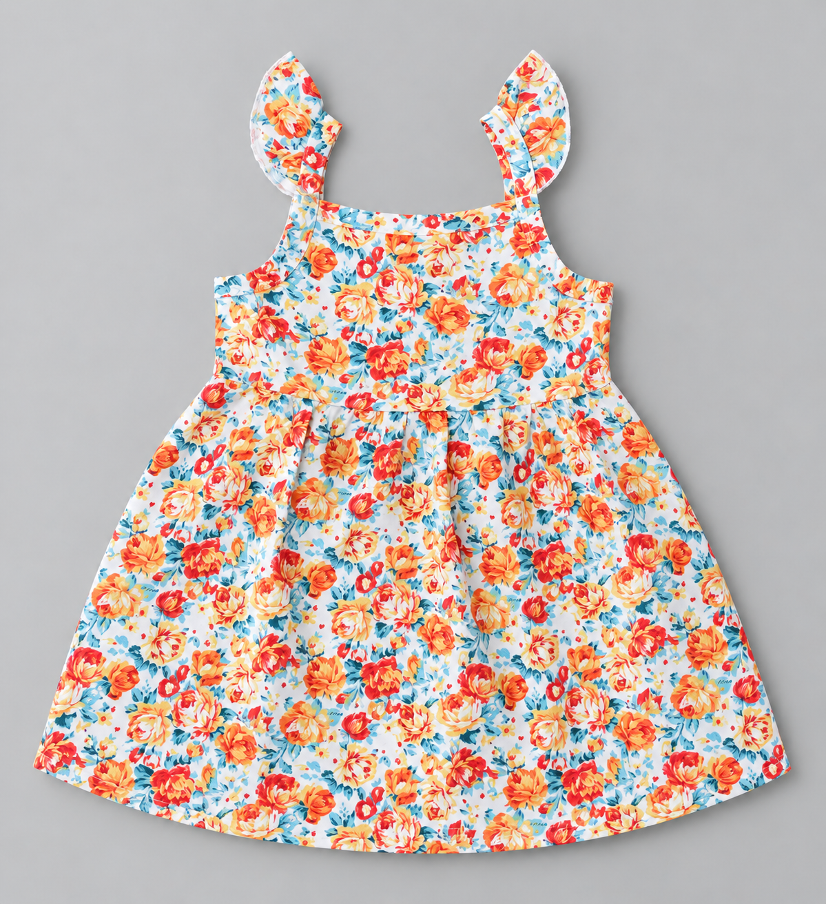 Baby girls colorful orange and blue floral dress with ruffled shoulder straps and gathered skirt