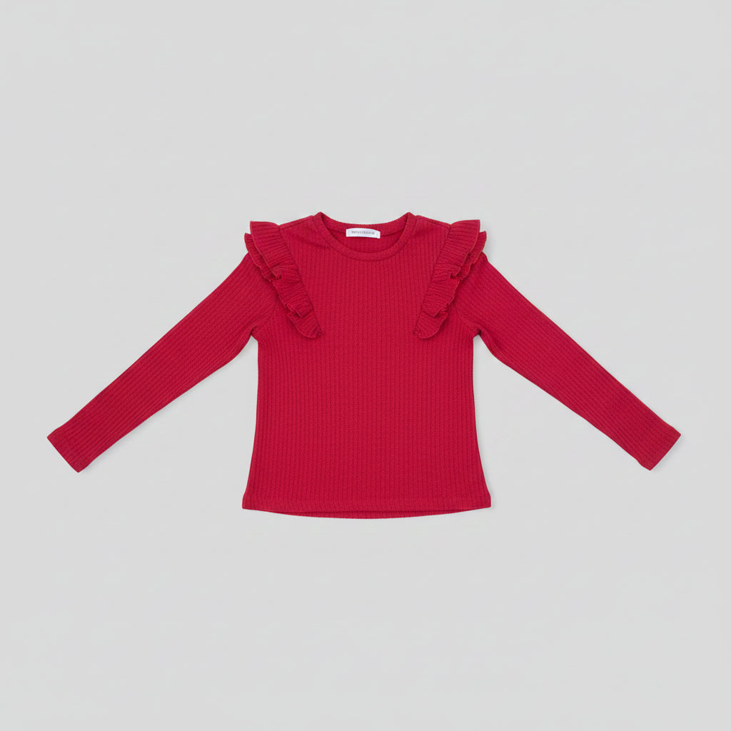 A red ribbed long-sleeve top with ruffled shoulder details.