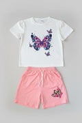 Brighten her wardrobe with this Butterfly Dreams 2-piece girls outfit featuring a colorful butterfly graphic tee and blush pink shorts. Perfect for everyday play, vacations, and summer fun.