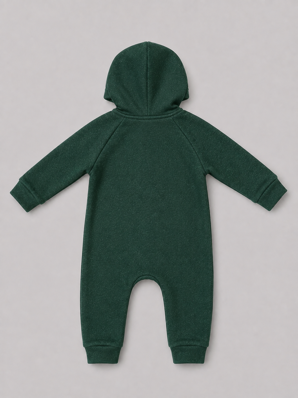 Dark green hooded baby romper featuring a full zip front, attached hood, long sleeves, ribbed cuffs, and front pockets. A cozy and versatile one-piece outfit for babies and toddlers.