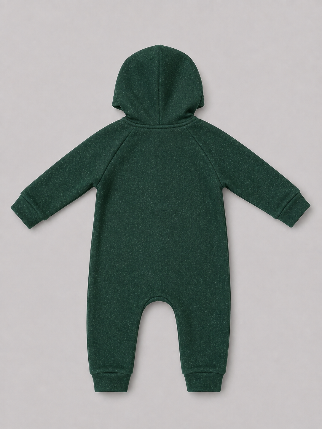 Dark green hooded baby romper featuring a full zip front, attached hood, long sleeves, ribbed cuffs, and front pockets. A cozy and versatile one-piece outfit for babies and toddlers.