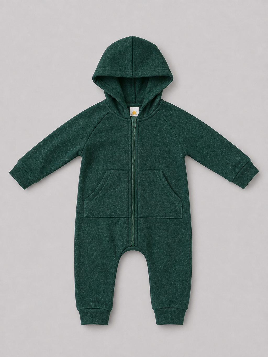 Dark green hooded baby romper featuring a full zip front, attached hood, long sleeves, ribbed cuffs, and front pockets. A cozy and versatile one-piece outfit for babies and toddlers.