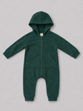 Dark green hooded baby romper featuring a full zip front, attached hood, long sleeves, ribbed cuffs, and front pockets. A cozy and versatile one-piece outfit for babies and toddlers.