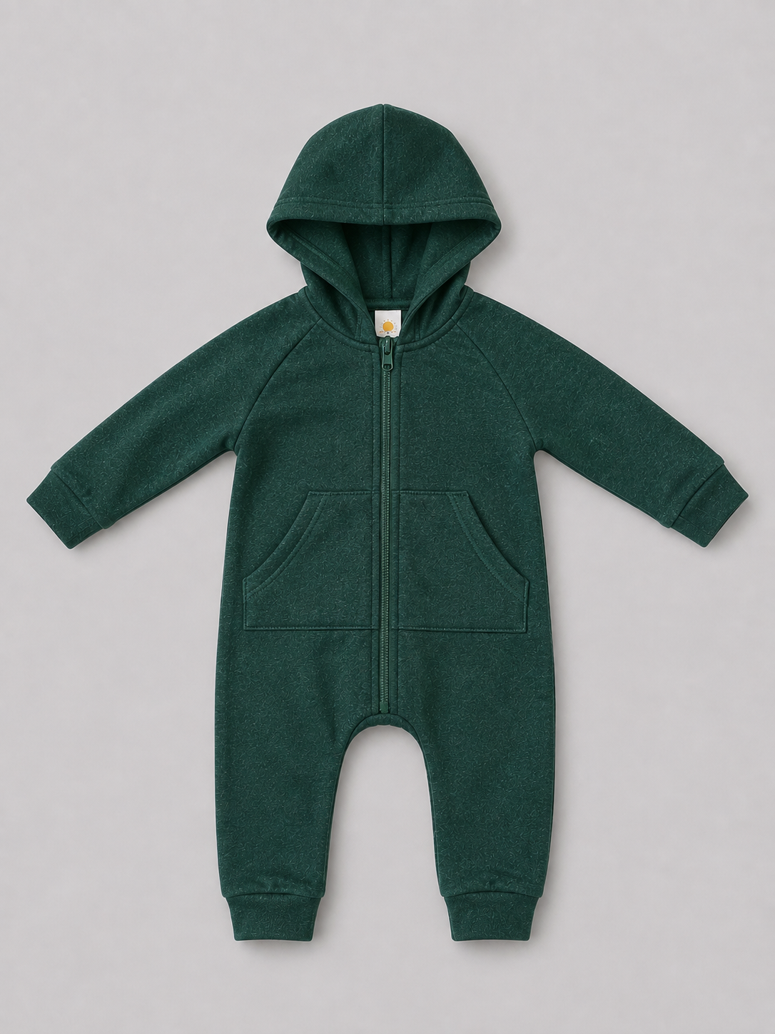 Dark green hooded baby romper featuring a full zip front, attached hood, long sleeves, ribbed cuffs, and front pockets. A cozy and versatile one-piece outfit for babies and toddlers.