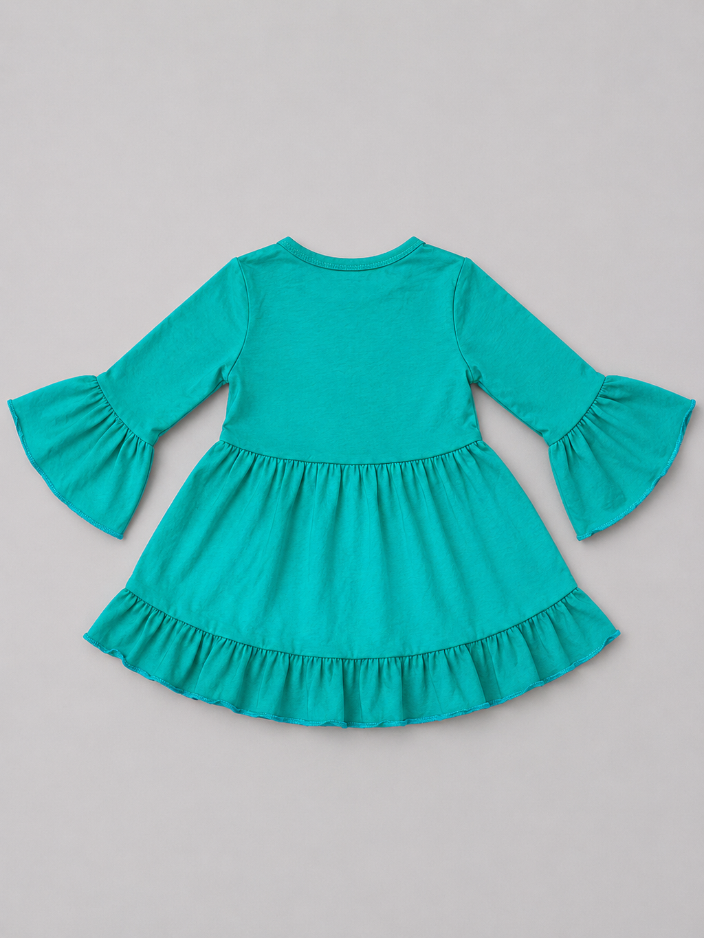 Shop this adorable turquoise girls dress featuring long bell sleeves, a tiered ruffle skirt, and a fun flowing silhouette perfect for everyday wear or special occasions.