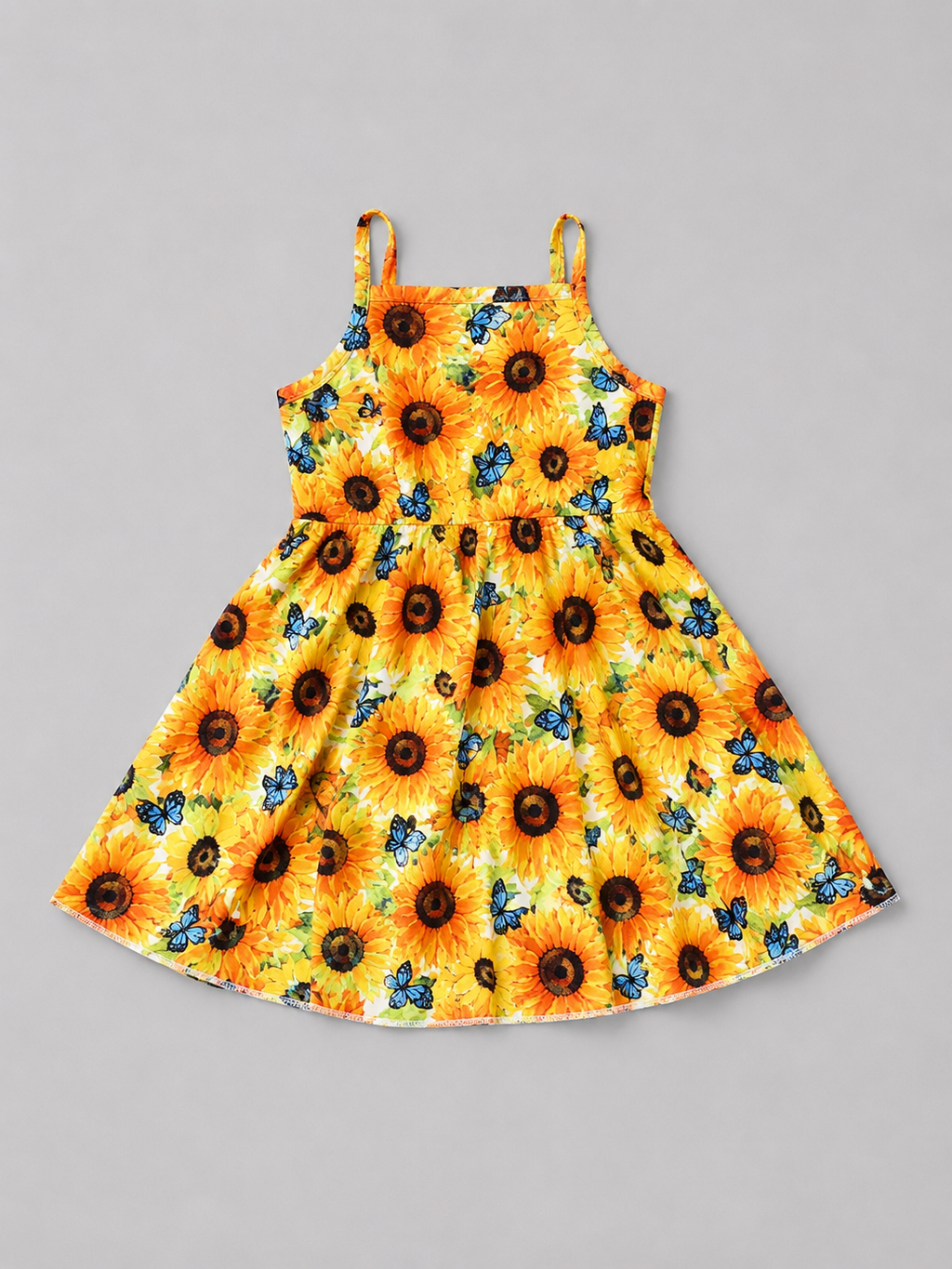 Shop this adorable sunflower and blue butterfly girls dress featuring a vibrant floral print, colorful butterflies, fitted bodice, and flowing skirt. Perfect for summer days, parties, and special occasions.