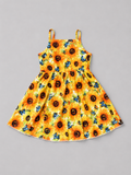 Shop this adorable sunflower and blue butterfly girls dress featuring a vibrant floral print, colorful butterflies, fitted bodice, and flowing skirt. Perfect for summer days, parties, and special occasions.