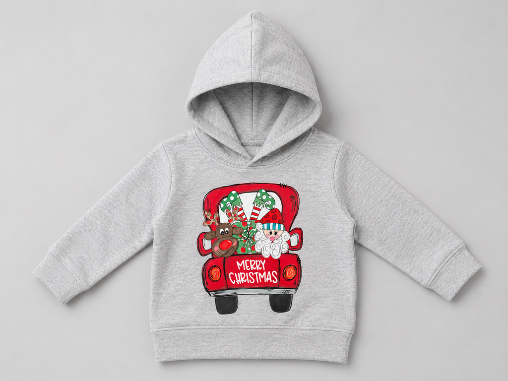 Shop this festive gray Christmas hoodie featuring Santa, a reindeer, and a red Christmas truck with “Merry Christmas” lettering. A cozy holiday layer perfect for winter wear, Christmas photos, and celebrations.