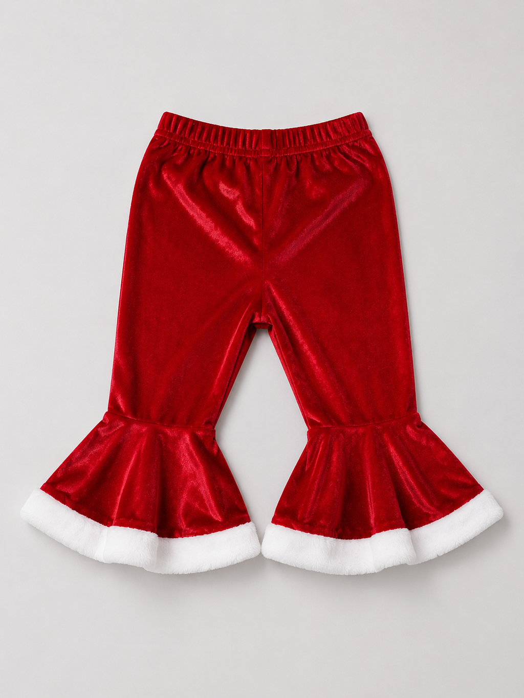 Shop these festive red and white girls Christmas pants featuring a fun bell-bottom design and fluffy white trim. Perfect for Christmas parties, holiday photos, and festive celebrations.