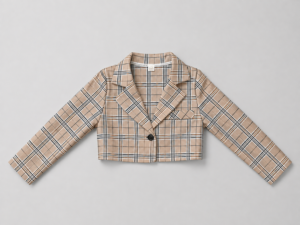 Shop this stylish beige plaid girls cropped blazer featuring a classic lapel collar, long sleeves, and button closure. A versatile jacket perfect for dressy outfits, special occasions, photos, and everyday style.