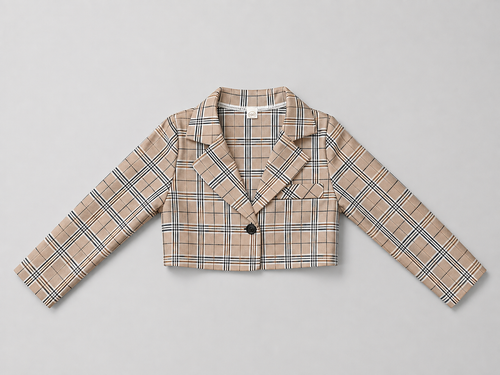Shop this stylish beige plaid girls cropped blazer featuring a classic lapel collar, long sleeves, and button closure. A versatile jacket perfect for dressy outfits, special occasions, photos, and everyday style.