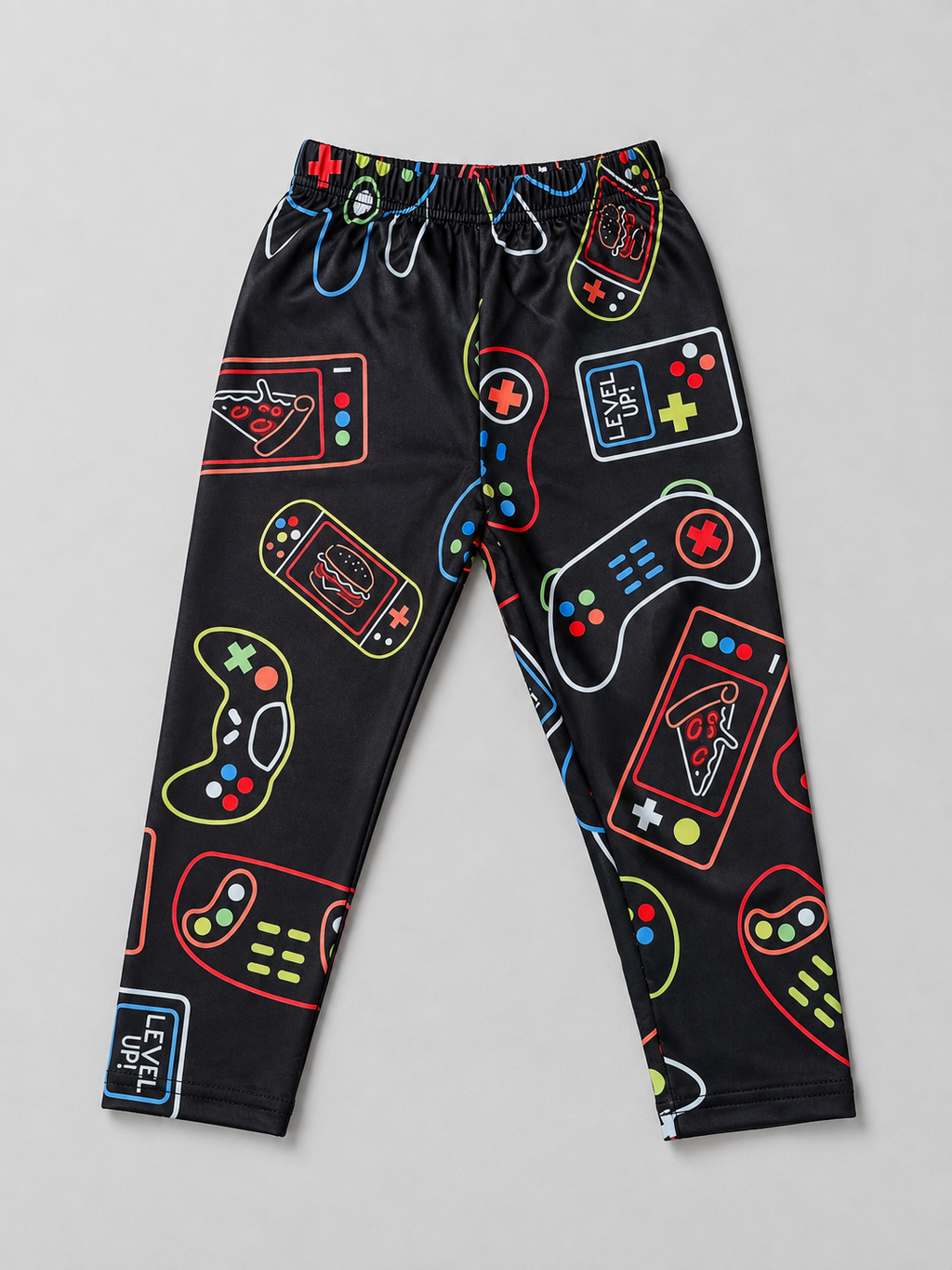 Shop these fun black girls leggings featuring colorful gaming controllers and video game-inspired graphics. A playful and comfortable full-length style perfect for everyday wear, playtime, lounging, and gaming fans.