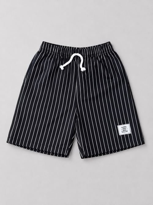 Shop these stylish black and white pinstripe kids shorts featuring an elastic waistband and adjustable drawstring. A versatile unisex style perfect for boys and girls, everyday wear, outings, and casual outfits.