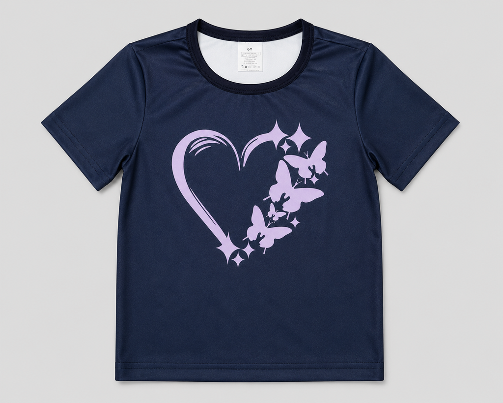 A navy blue short-sleeve t-shirt with a black crew neck collar, featuring a light purple graphic of a heart, butterflies, and stars on the front.
