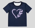 A navy blue short-sleeve t-shirt with a black crew neck collar, featuring a light purple graphic of a heart, butterflies, and stars on the front.