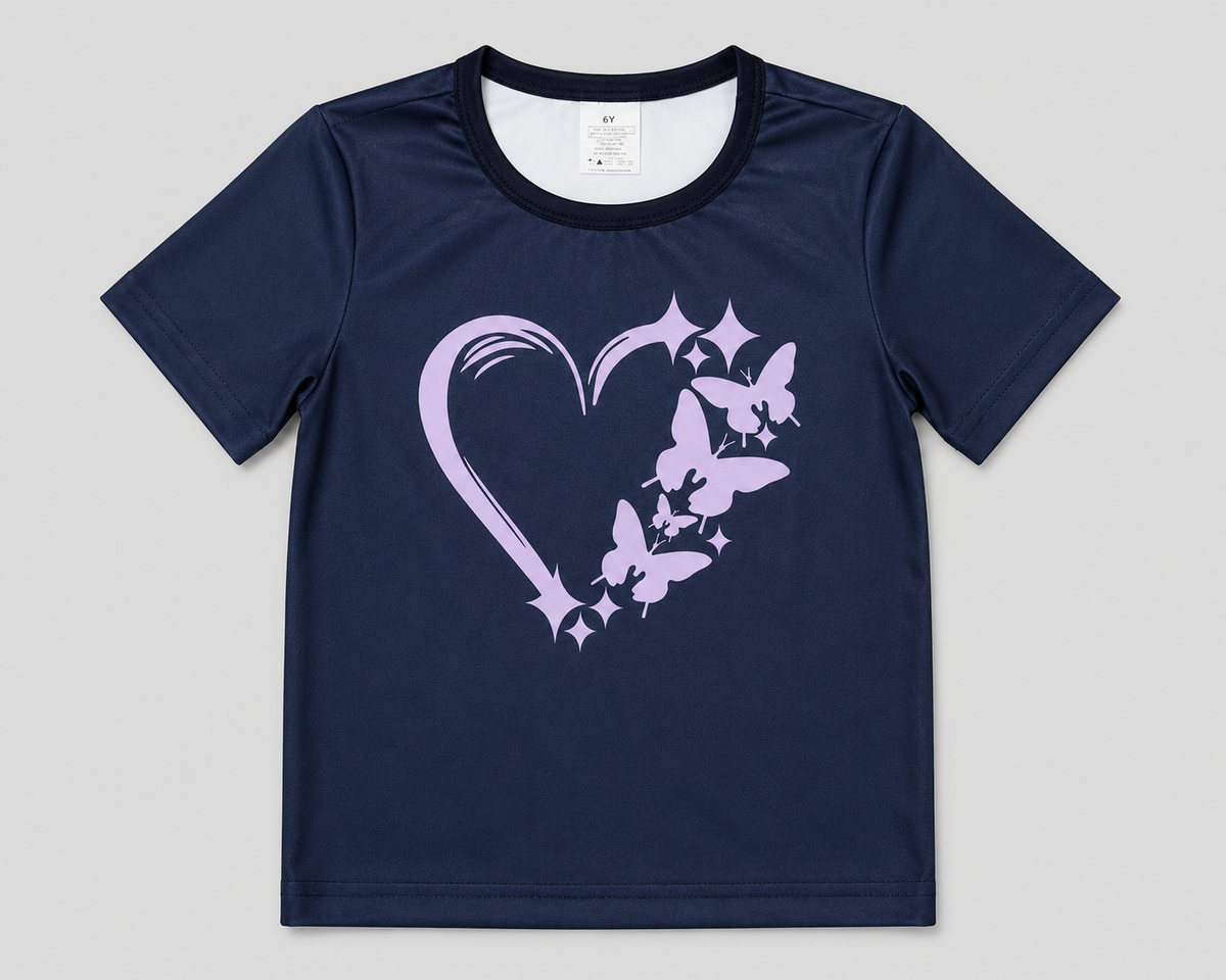 A navy blue short-sleeve t-shirt with a black crew neck collar, featuring a light purple graphic of a heart, butterflies, and stars on the front.
