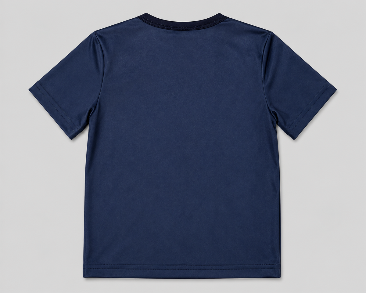 A navy blue short-sleeve t-shirt with a black crew neck collar, featuring a light purple graphic of a heart, butterflies, and stars on the front.