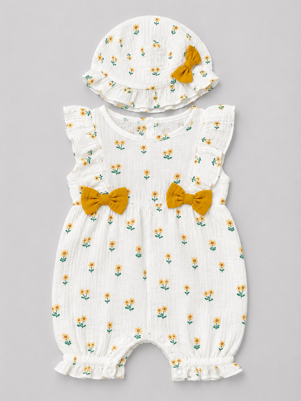 Shop this adorable baby girl sunflower romper and matching hat set featuring ruffle details, mustard-yellow bows, and a sweet floral print. Perfect for sunny days, photos, and special occasions.