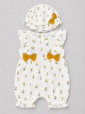 Shop this adorable baby girl sunflower romper and matching hat set featuring ruffle details, mustard-yellow bows, and a sweet floral print. Perfect for sunny days, photos, and special occasions.