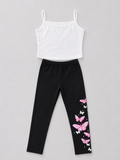 Shop this adorable girls’ two-piece outfit featuring a white camisole top and black leggings with a beautiful pink and white butterfly print. Perfect for everyday wear and casual outings.