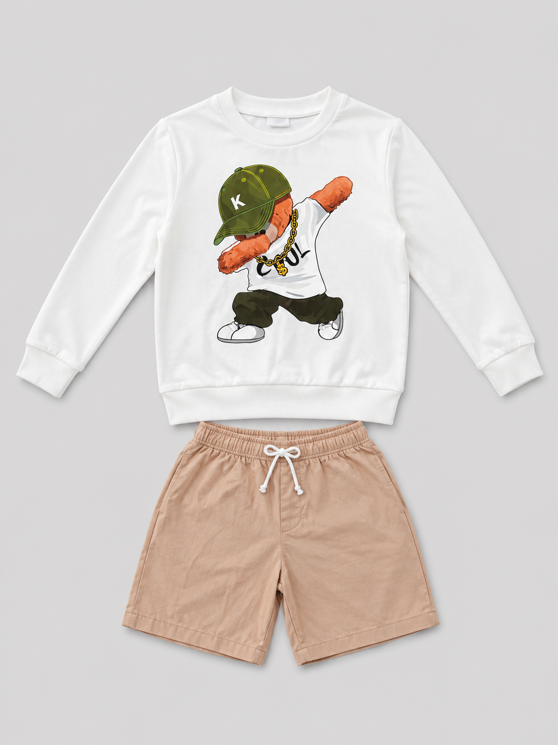 Shop this cool boys’ two-piece set featuring a white hip-hop dancer sweatshirt and tan drawstring shorts. A stylish choice for everyday wear, play, and casual outings.

