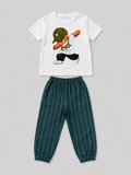 Shop this boys’ two-piece outfit featuring a white hip-hop dancer graphic T-shirt and teal pinstripe jogger pants with pockets. A cool, comfortable choice for everyday wear and play.