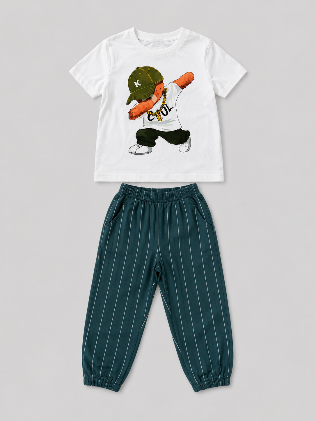 Shop this boys’ two-piece outfit featuring a white hip-hop dancer graphic T-shirt and teal pinstripe jogger pants with pockets. A cool, comfortable choice for everyday wear and play.