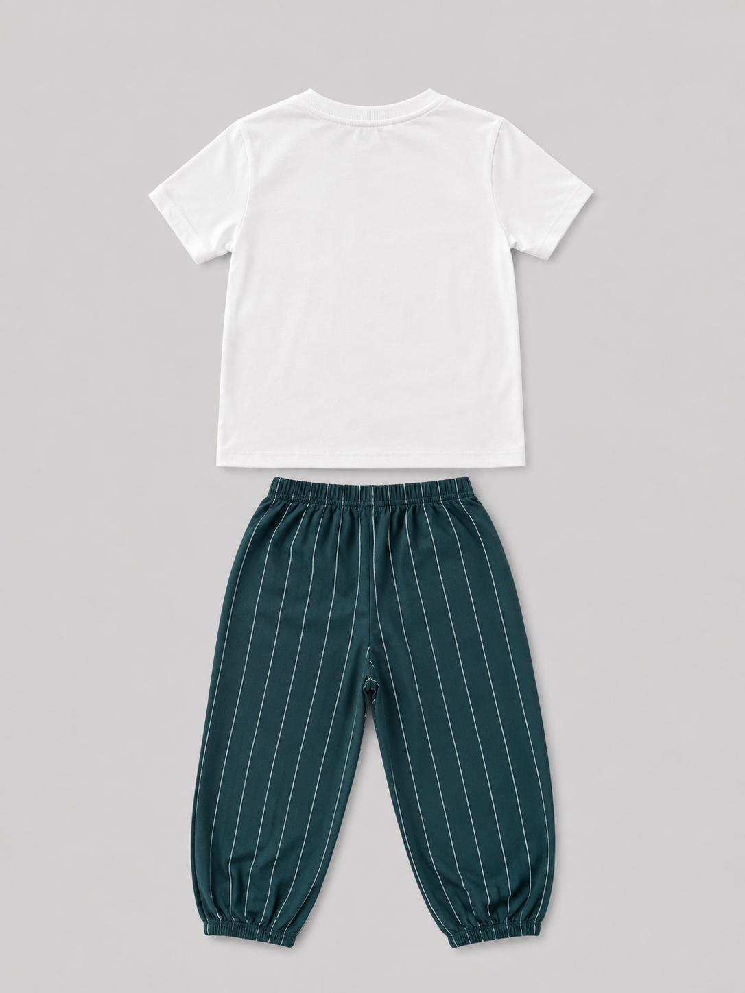 Shop this boys’ two-piece outfit featuring a white hip-hop dancer graphic T-shirt and teal pinstripe jogger pants with pockets. A cool, comfortable choice for everyday wear and play.