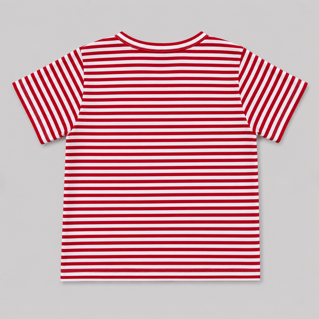 Shop this classic red and white striped kids’ T-shirt featuring short sleeves and contrasting red trim. An easy everyday top for school, play, and casual outfits.