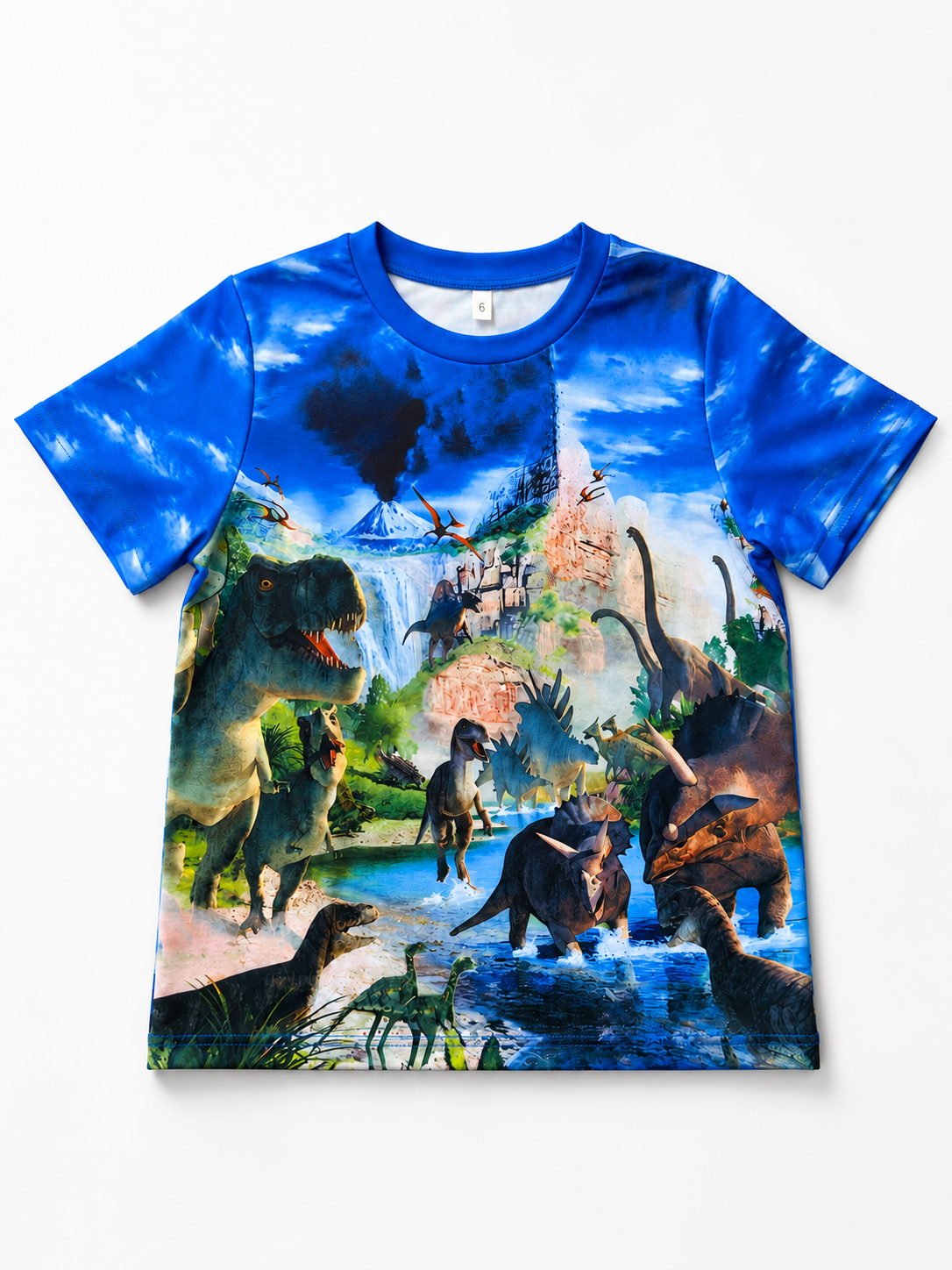 Shop this fun boys’ blue dinosaur T-shirt featuring a colorful prehistoric adventure scene with dinosaurs, waterfalls, mountains, and a vibrant blue sky. Perfect for everyday wear and playtime