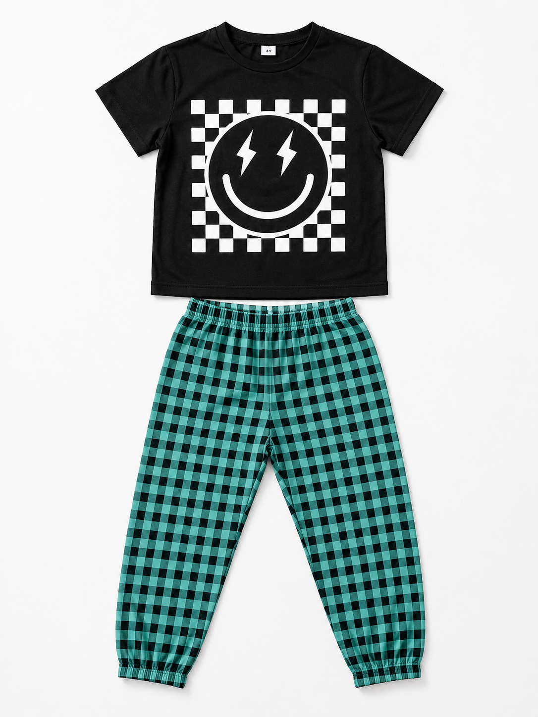 Shop this cool boys’ two-piece outfit featuring a black smiley face T-shirt with lightning bolts and teal and black checkered jogger pants. Perfect for everyday wear and casual outings.