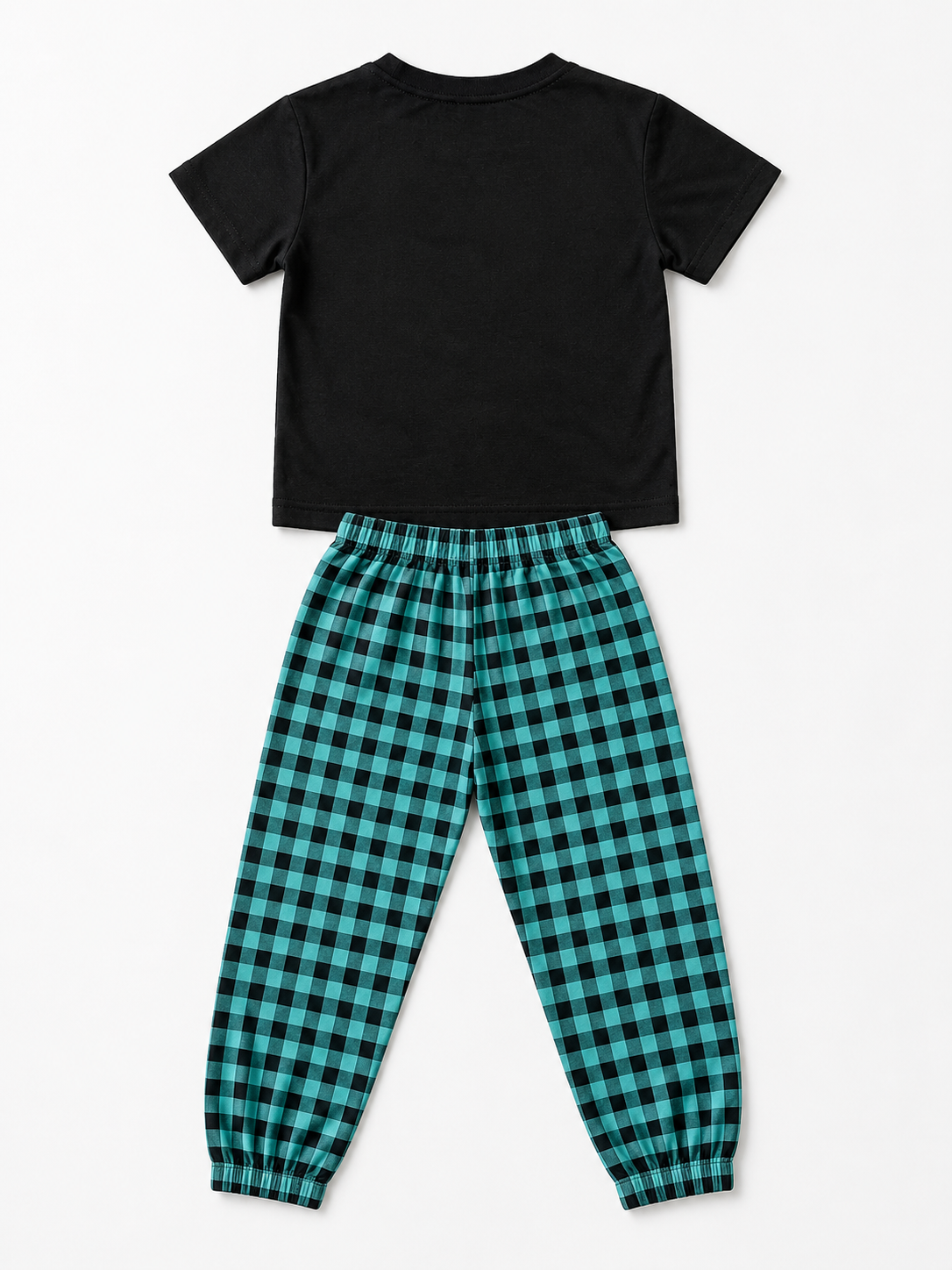 Shop this cool boys’ two-piece outfit featuring a black smiley face T-shirt with lightning bolts and teal and black checkered jogger pants. Perfect for everyday wear and casual outings.