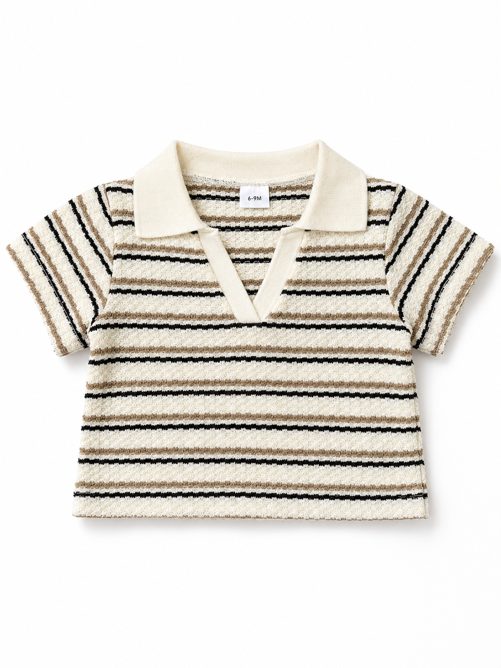 Shop this adorable baby boys’ cream striped polo shirt featuring a textured fabric, classic collar, and black and taupe horizontal stripes. Perfect for everyday wear and casual occasions.