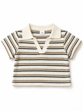 Shop this adorable baby boys’ cream striped polo shirt featuring a textured fabric, classic collar, and black and taupe horizontal stripes. Perfect for everyday wear and casual occasions.