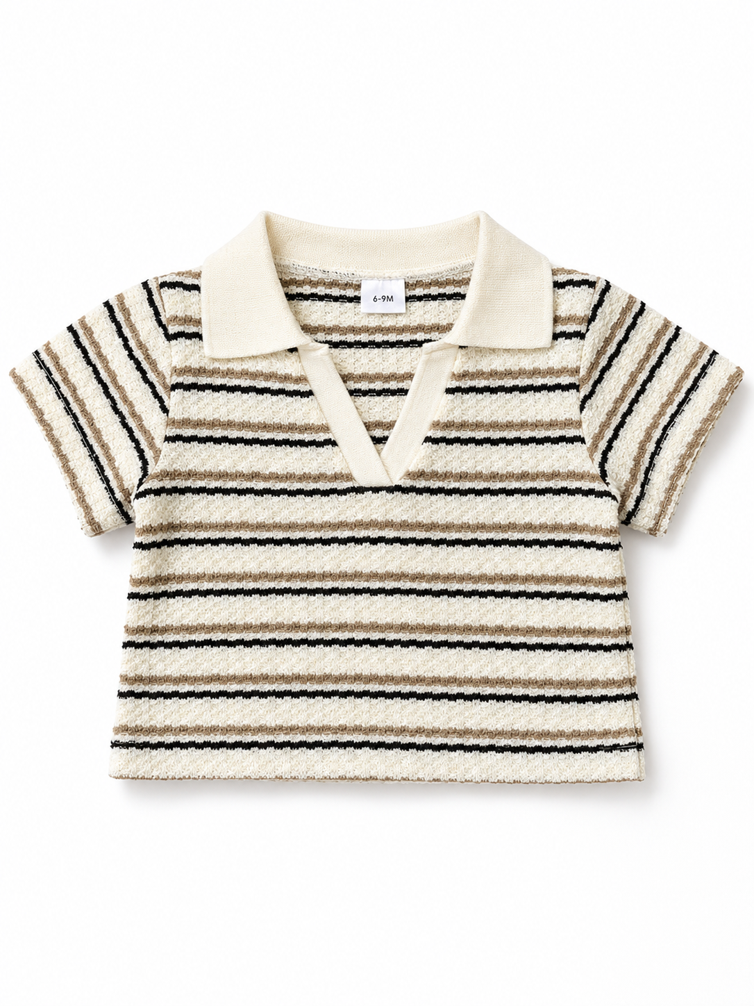 Shop this adorable baby boys’ cream striped polo shirt featuring a textured fabric, classic collar, and black and taupe horizontal stripes. Perfect for everyday wear and casual occasions.